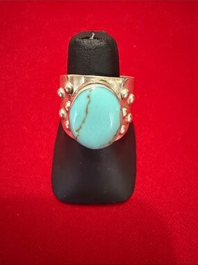 Oval Turquoise Sterling-Accent Statement Ring - Turquoise Blue